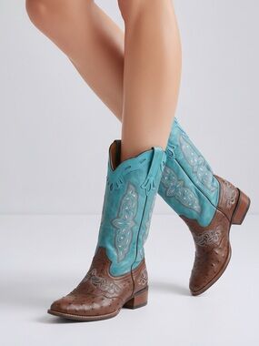 Turquoise & Brown Western Leather Cowboy Boots - Women's